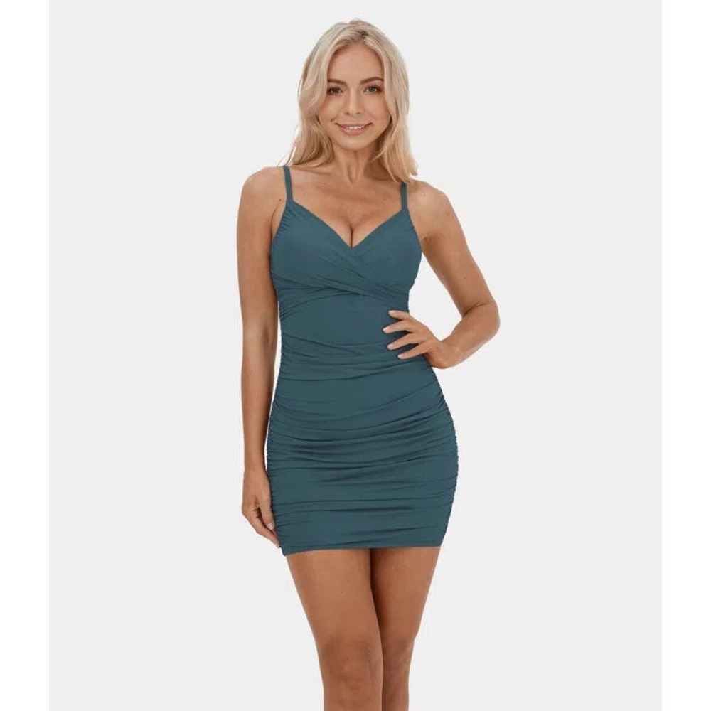 Halara Backless Ruched Bodycon Dress Teal Blue Size L NWT - Picture 1 of 10